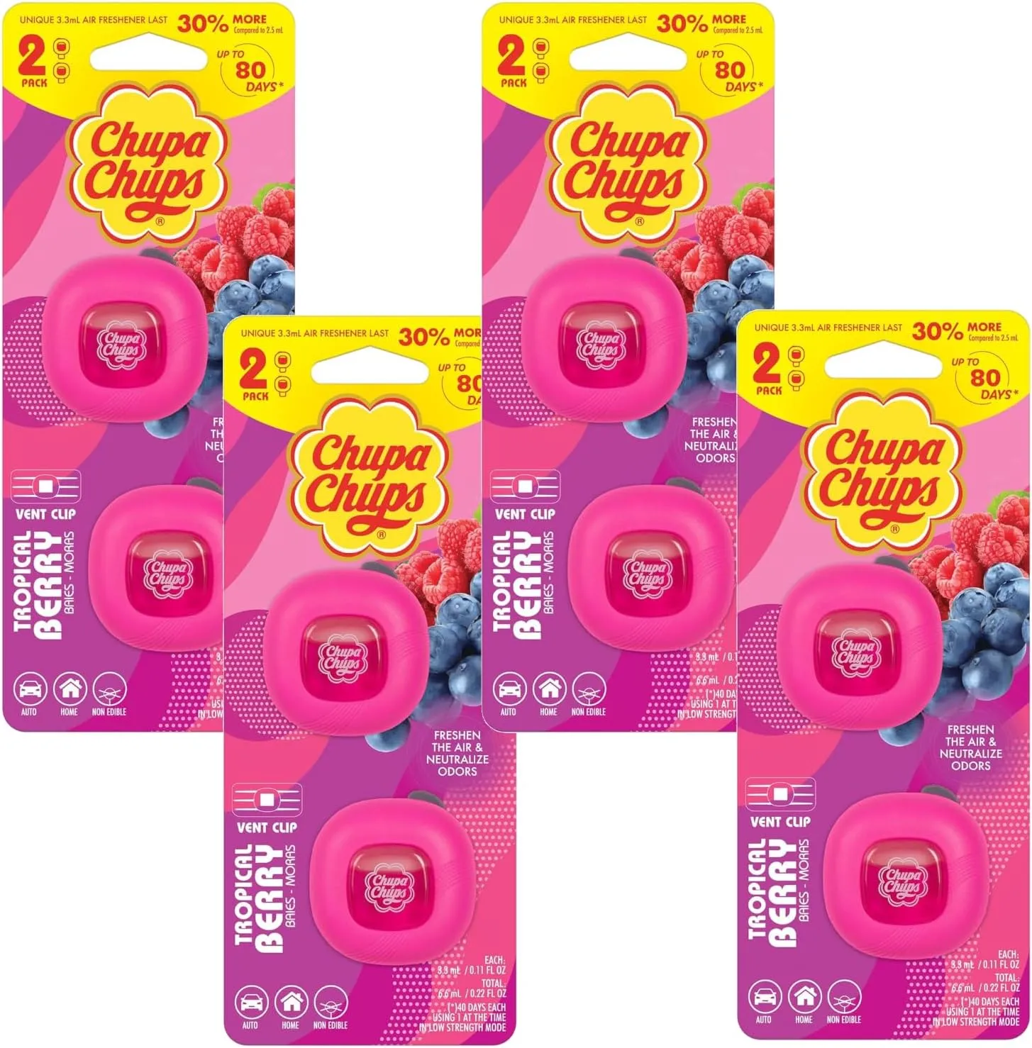 Chupa Chups Car Air Freshener, Tropical Berry - Long Lasting Car Fresheners with Fun Scents, Colorful and Vibrant Air Freshener for Car, Unique Car Freshner Perfume Deodorizer- 4Pack (8pcs Total)