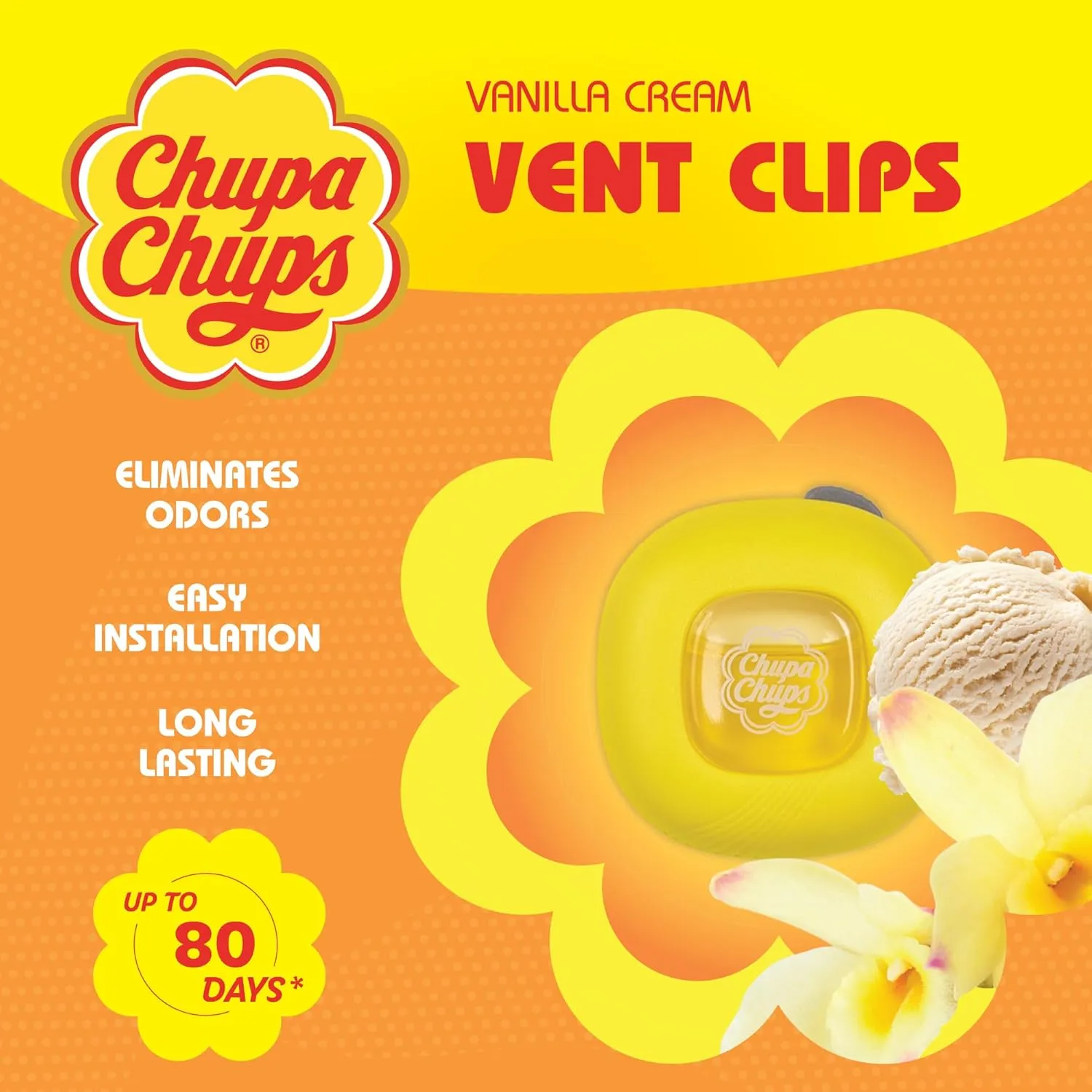 Chupa Chups Car Air Freshener, Vanilla Cream - Long Lasting Car Fresheners with Fun Scents, Colorful and Vibrant Air Freshener for Car, Unique Car Freshner Perfume Deodorizer- 2Pack (4pcs Total)