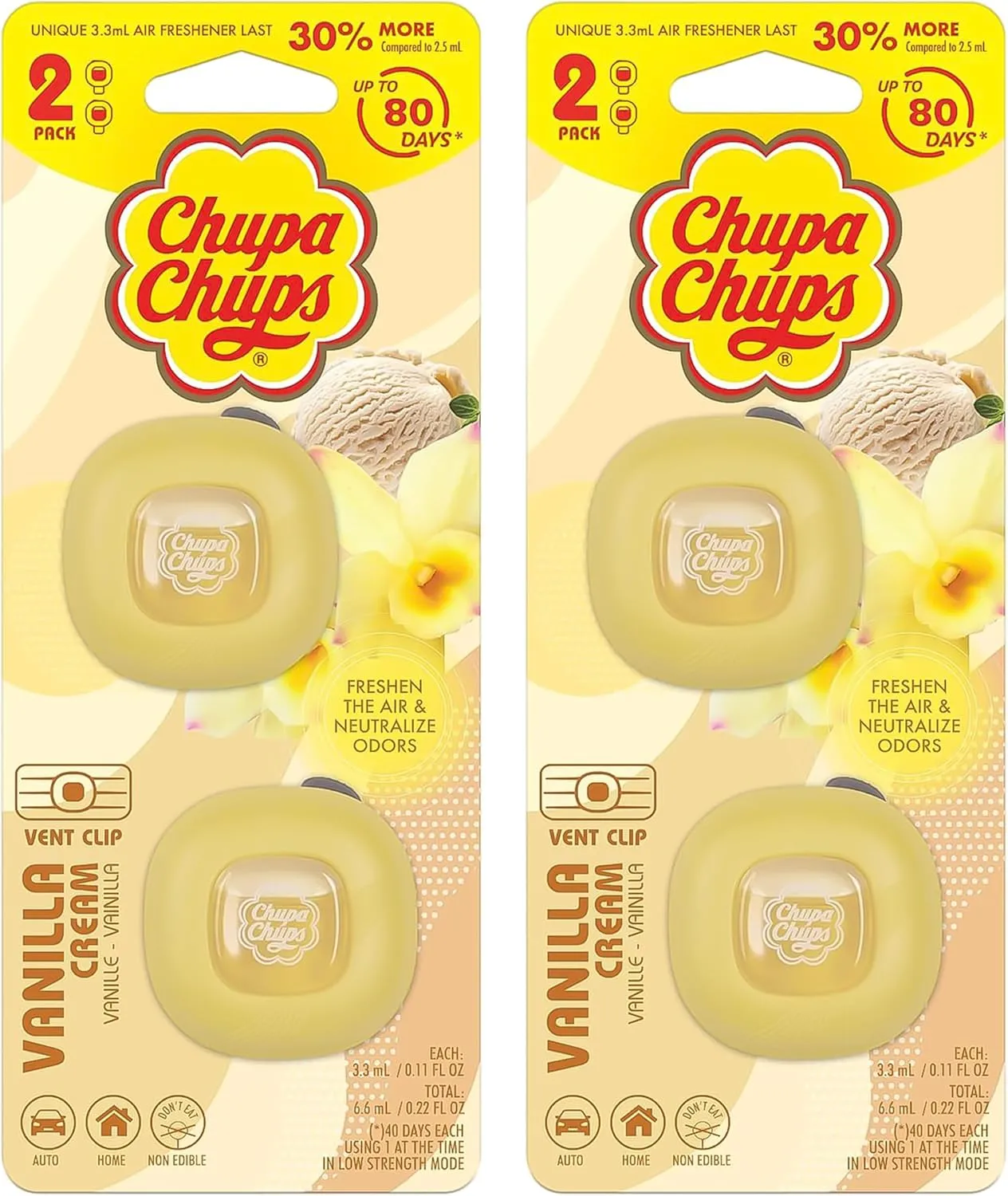 Chupa Chups Car Air Freshener, Vanilla Cream - Long Lasting Car Fresheners with Fun Scents, Colorful and Vibrant Air Freshener for Car, Unique Car Freshner Perfume Deodorizer- 2Pack (4pcs Total)