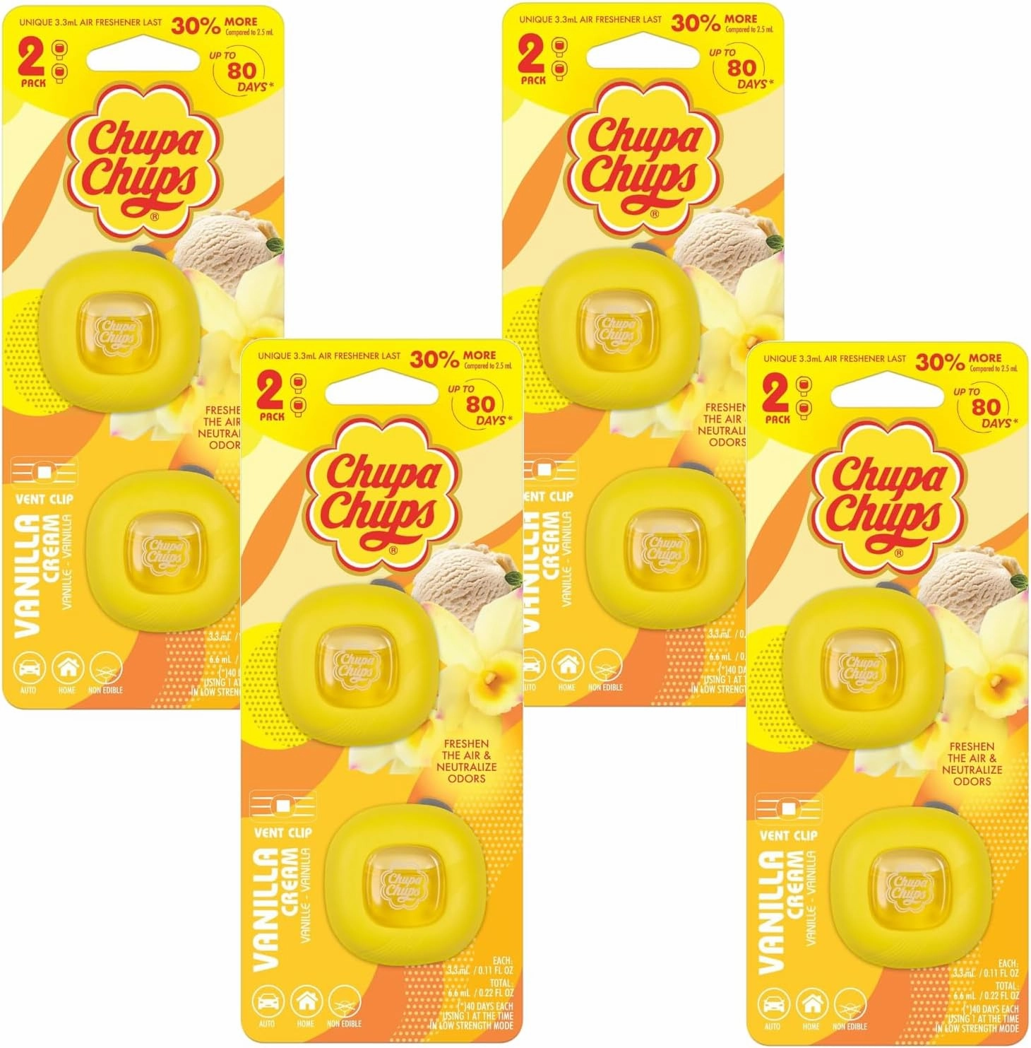 Chupa Chups Car Air Freshener, Vanilla Cream - Long Lasting Car Fresheners with Fun Scents, Colorful and Vibrant Air Freshener for Car, Unique Car Freshner Perfume Deodorizer- 4Pack (8pcs Total)