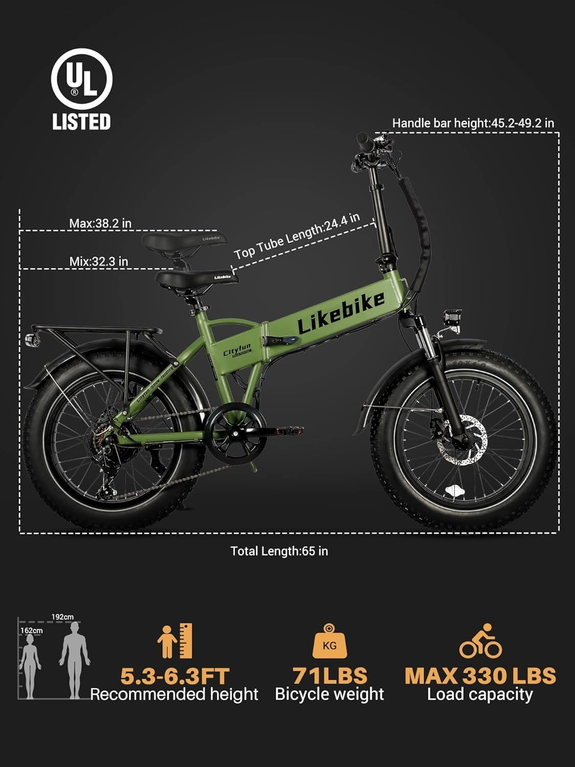 Cityfun Folding Electric Bike Adults,500W Motor (Peak 720W) Ebike with 20" x 4.0" Fat Tire,48V 10.4Ah Removable Battery Hidden,Electric Mountain Bike,UL 2849 Certified,Commuting E-Bike,7-Speed
