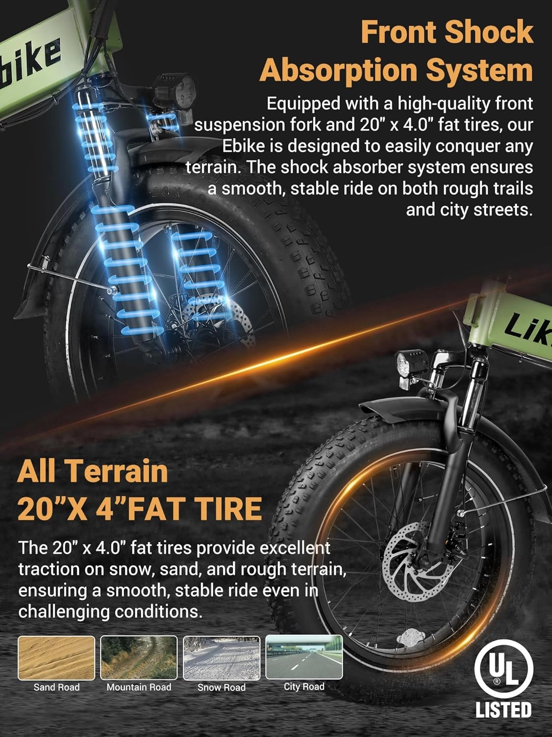Cityfun Folding Electric Bike Adults,500W Motor (Peak 720W) Ebike with 20" x 4.0" Fat Tire,48V 10.4Ah Removable Battery Hidden,Electric Mountain Bike,UL 2849 Certified,Commuting E-Bike,7-Speed