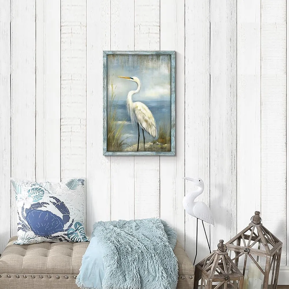 Coastal Heron Wooden Wall Art: Ocean Bird Framed Artwork Blue Sea Seascape Painting Beach Seashore Picture Egret Prints for Bathroom Bedroom Home Office