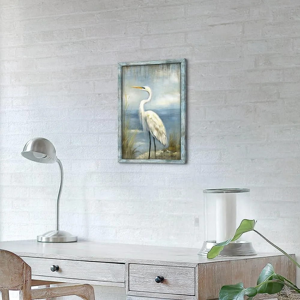 Coastal Heron Wooden Wall Art: Ocean Bird Framed Artwork Blue Sea Seascape Painting Beach Seashore Picture Egret Prints for Bathroom Bedroom Home Office