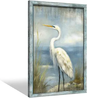 Coastal Heron Wooden Wall Art: Ocean Bird Framed Artwork Blue Sea Seascape Painting Beach Seashore Picture Egret Prints for Bathroom Bedroom Home Office