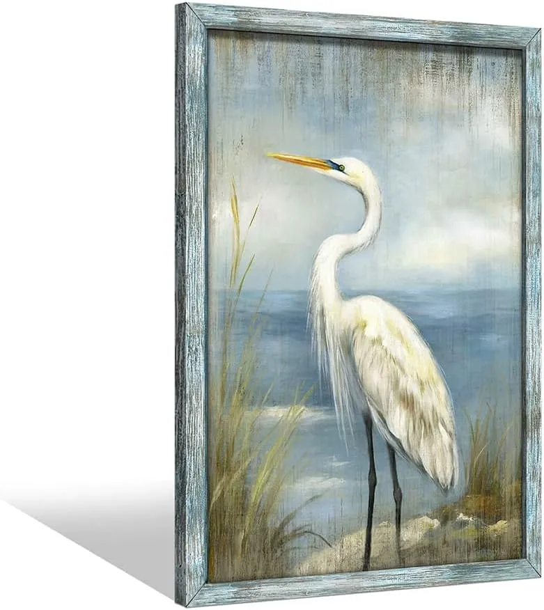 Coastal Heron Wooden Wall Art: Ocean Bird Framed Artwork Blue Sea Seascape Painting Beach Seashore Picture Egret Prints for Bathroom Bedroom Home Office