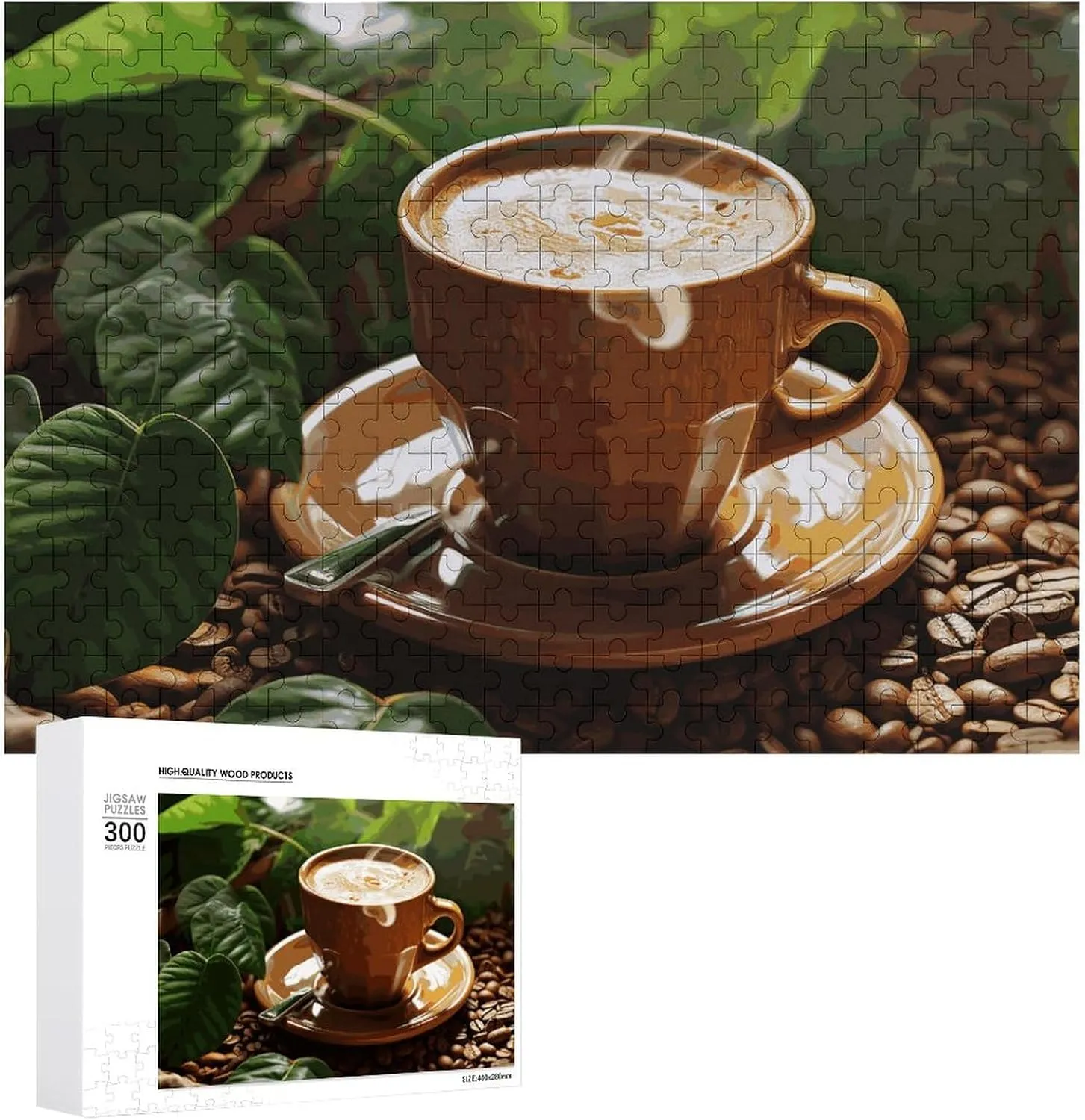 Coffee and Green Leaves Puzzles 300 Pieces Personalized Jigsaw Puzzles Coffee and Green Leaves Photo Puzzle Challenging Picture Puzzle for Adults Personaliz Jigsaw with Storage Bag (15.7" X 11")