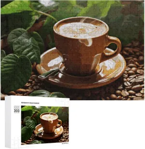 Coffee and Green Leaves Puzzles 300 Pieces Personalized Jigsaw Puzzles Coffee and Green Leaves Photo Puzzle Challenging Picture Puzzle for Adults Personaliz Jigsaw with Storage Bag (15.7" X 11")