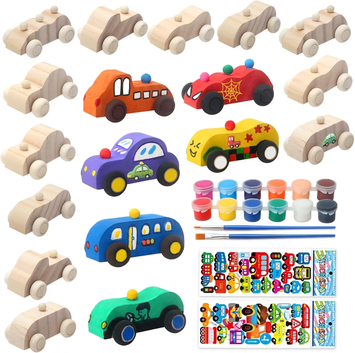 ColCospie Wooden Cars,Come with 18 Pcs Unfinished Wooden Cars to Paint for Kids and 1set Paint Colors, 2 pcs Wooden Car Sticker