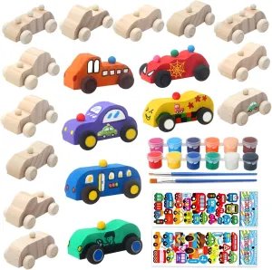 ColCospie Wooden Cars,Come with 18 Pcs Unfinished Wooden Cars to Paint for Kids and 1set Paint Colors, 2 pcs Wooden Car Sticker