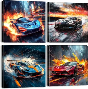 Colorful Lamborghini Wall Art Cool Car Posters for Men Bedroom Cyberpunk Decor Canvas Abstract Black Blue Red Race Cars Prints Neon Street Sport Artwork Teens Playroom Office Home Decoration 12x12" 4P