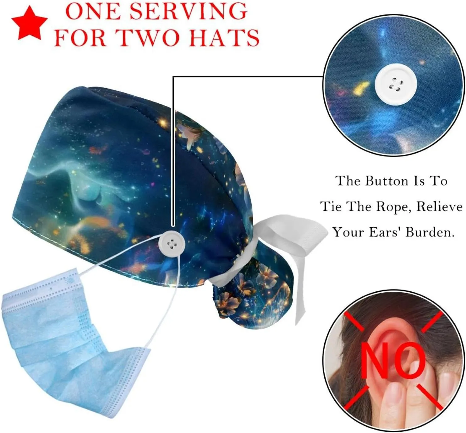 Colorful Racing Cars 2 Pcs Scrub Cap Women, Adjustable Working Caps with Buttons, Stretchy Tie Back Hats