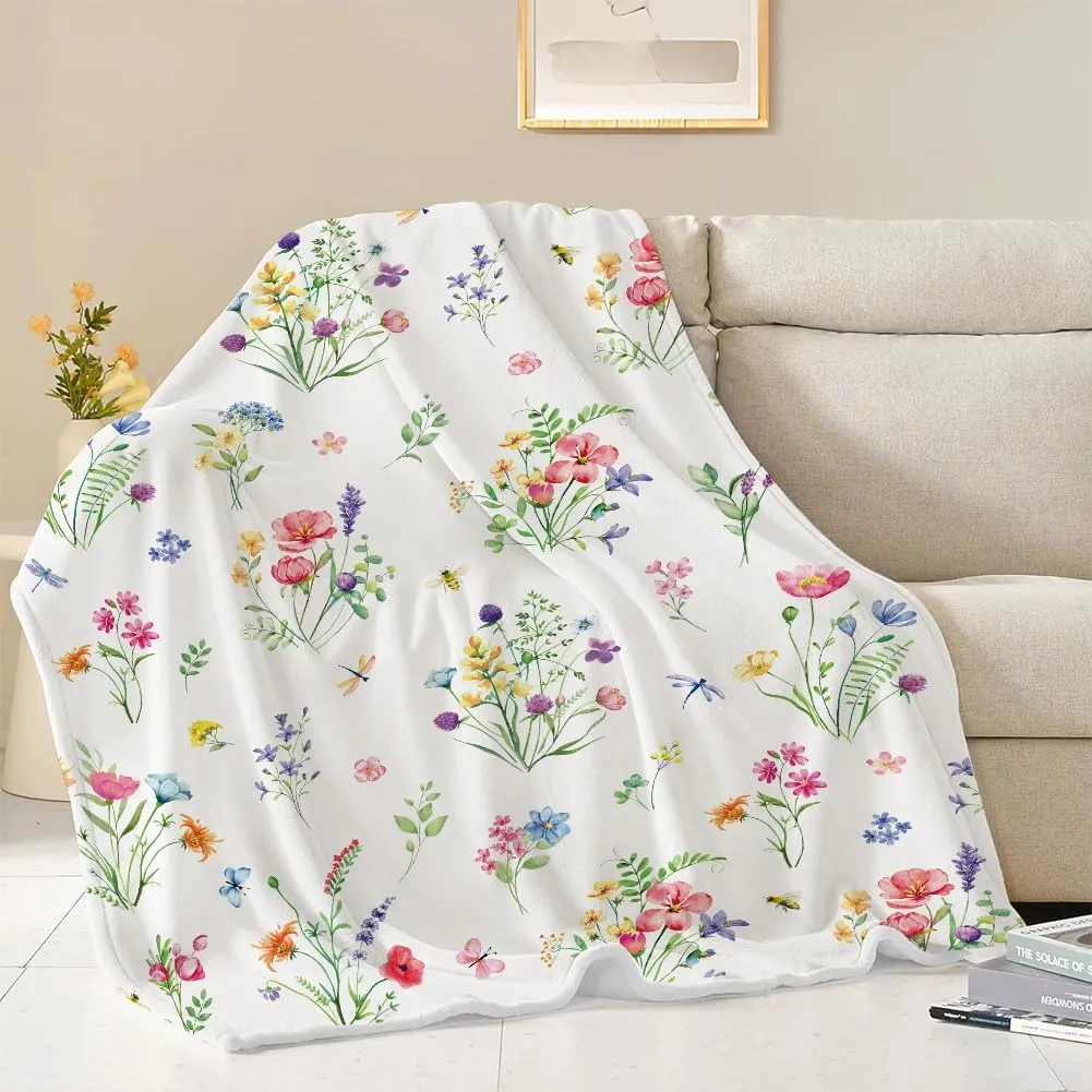 Colorful Wildflowers Throw Blanket Botanical Plant Bed Blanket Watercolor Floral Flower Blankets Soft Flannel Fleece Throw Blanket Boho Cozy Fluffy Plush Blankets 50" X 60"