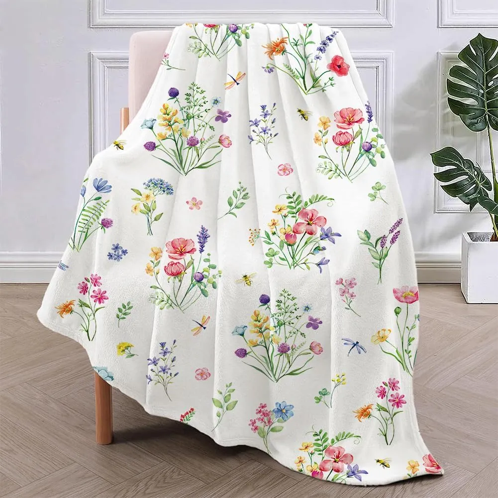 Colorful Wildflowers Throw Blanket Botanical Plant Bed Blanket Watercolor Floral Flower Blankets Soft Flannel Fleece Throw Blanket Boho Cozy Fluffy Plush Blankets 50" X 60"