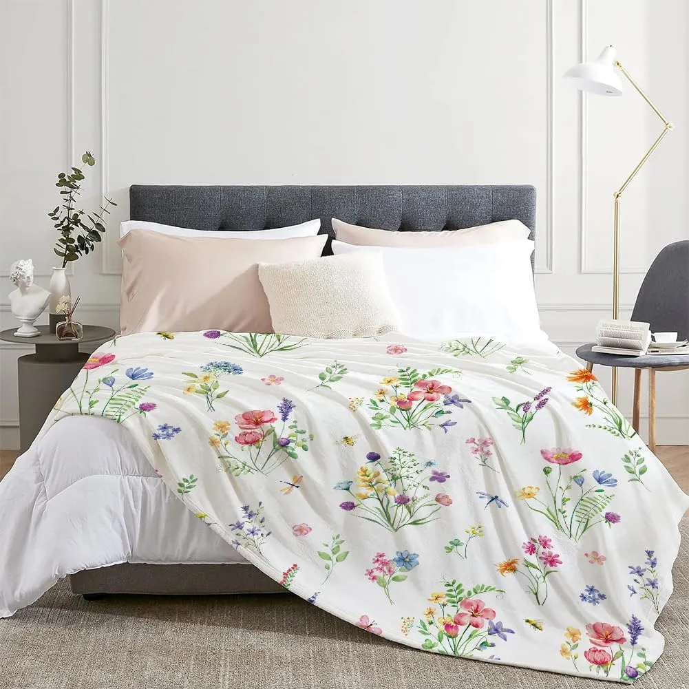 Colorful Wildflowers Throw Blanket Botanical Plant Bed Blanket Watercolor Floral Flower Blankets Soft Flannel Fleece Throw Blanket Boho Cozy Fluffy Plush Blankets 50" X 60"