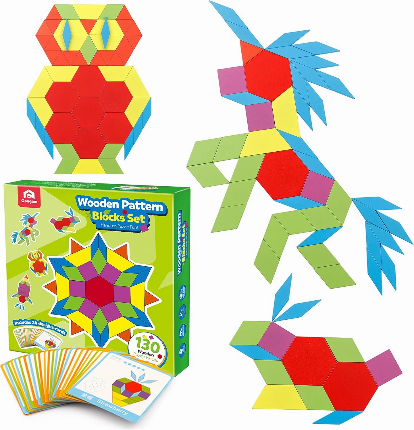Coogam Wooden Pattern Blocks Set 130PCS Geometric Color Shape Manipulative Puzzle – Graphical Montessori Tangram Early Learning Educational Toys Brain Teasers STEM Gift for Kids with 24 Design Cards