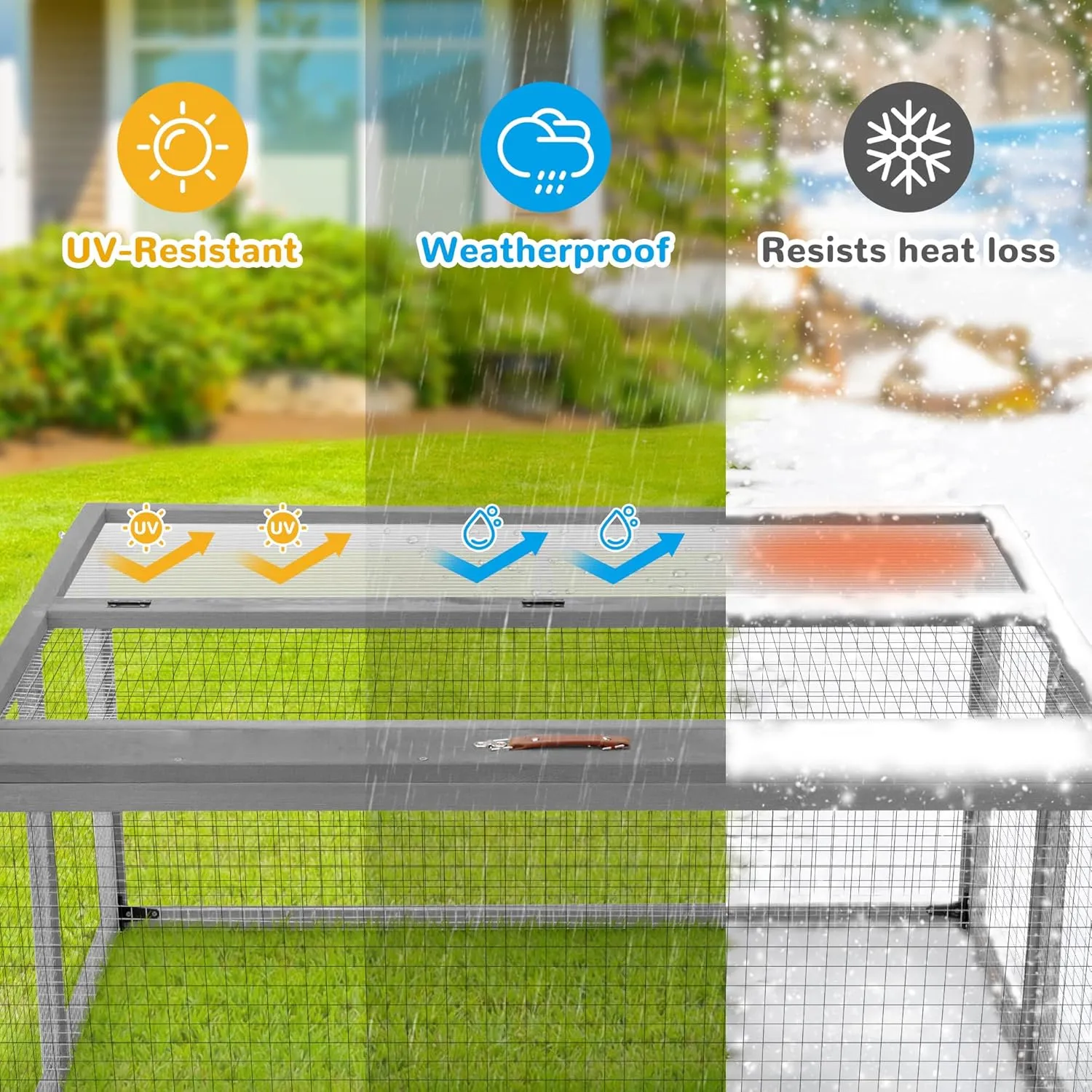 COZIWOW Portable Chicken Coop with UV-Proof Panel, 4X Garden Stakes, Wooden Rabbit Hutch, Chicken Brooder Indoor, Outdoor Folding Chicken Cage, Top & Side Openable Doors, 45.3Inch (Grey)