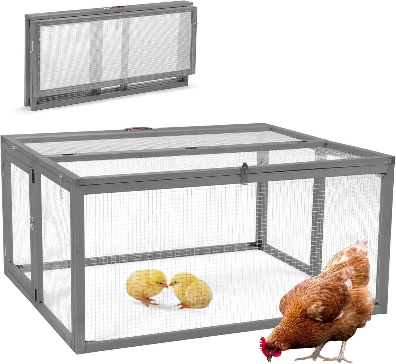 COZIWOW Portable Chicken Coop with UV-Proof Panel, 4X Garden Stakes, Wooden Rabbit Hutch, Chicken Brooder Indoor, Outdoor Folding Chicken Cage, Top & Side Openable Doors, 45.3Inch (Grey)