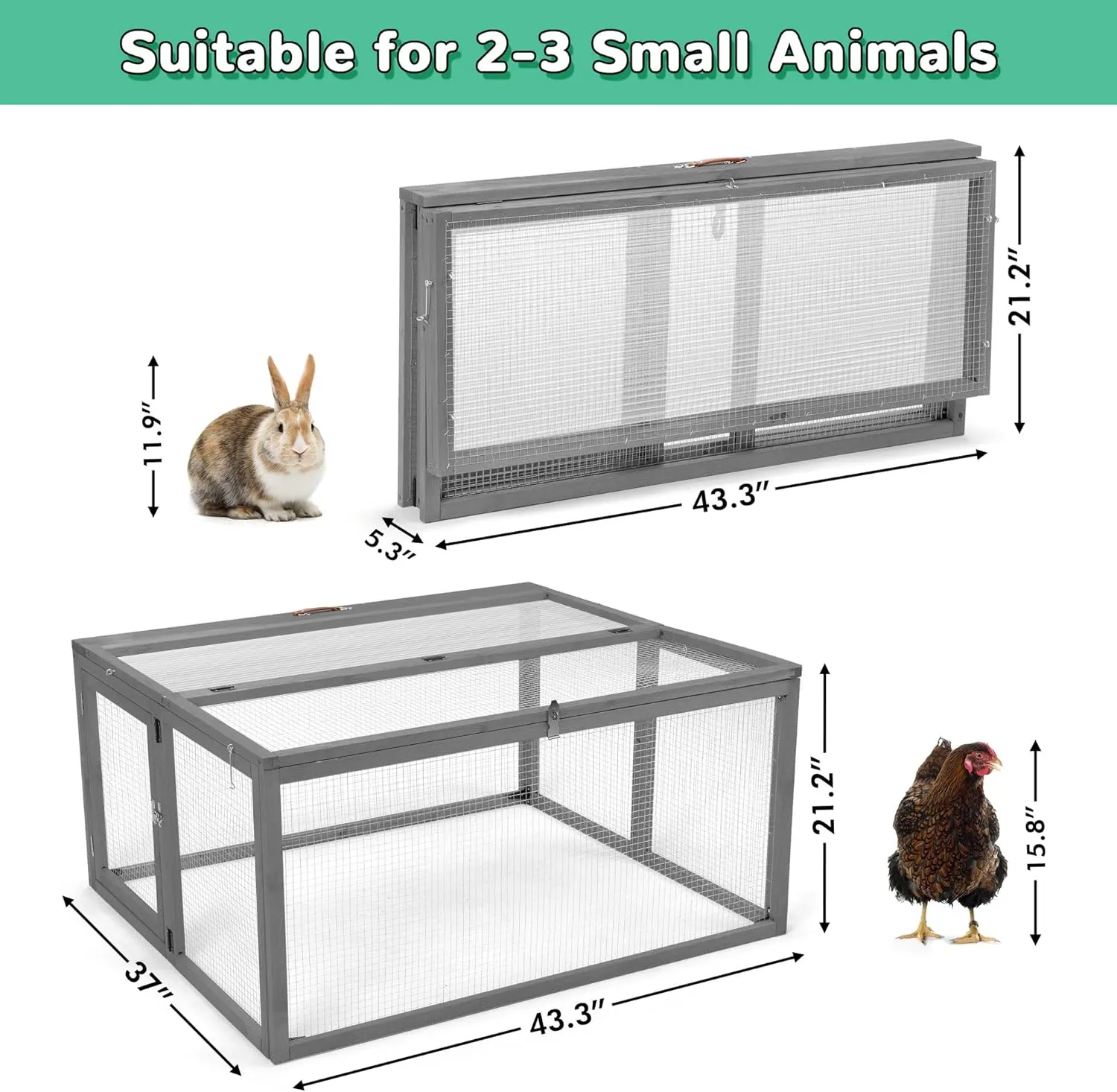 COZIWOW Portable Chicken Coop with UV-Proof Panel, 4X Garden Stakes, Wooden Rabbit Hutch, Chicken Brooder Indoor, Outdoor Folding Chicken Cage, Top & Side Openable Doors, 45.3Inch (Grey)
