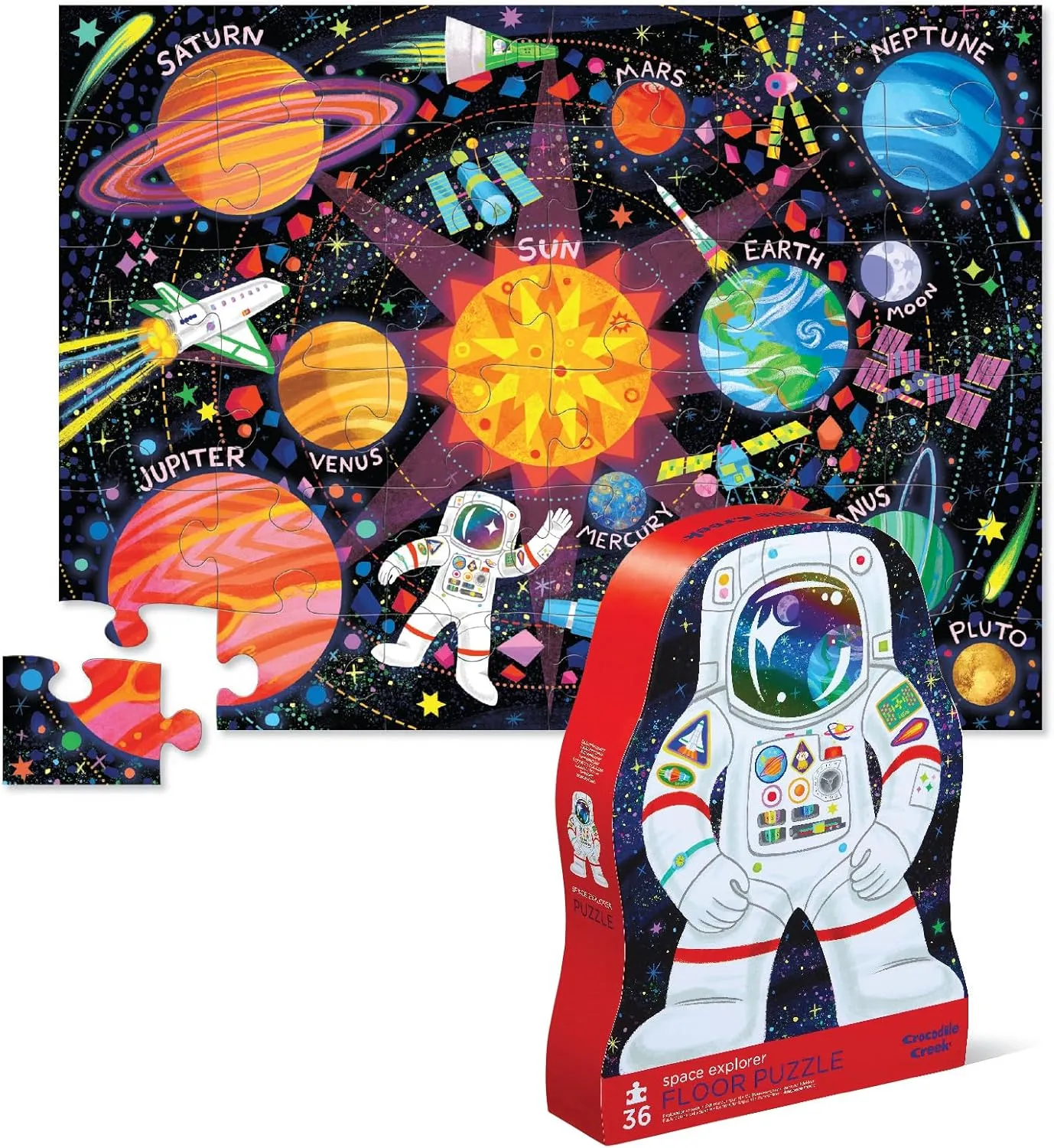 Crocodile Creek 36-Piece Jigsaw Floor Puzzle - Fun Floor Puzzles for Kids Ages 3-5 - Heavy-Duty Shaped Box for Storage - Space Explorer - 27" W x 20" H Finished