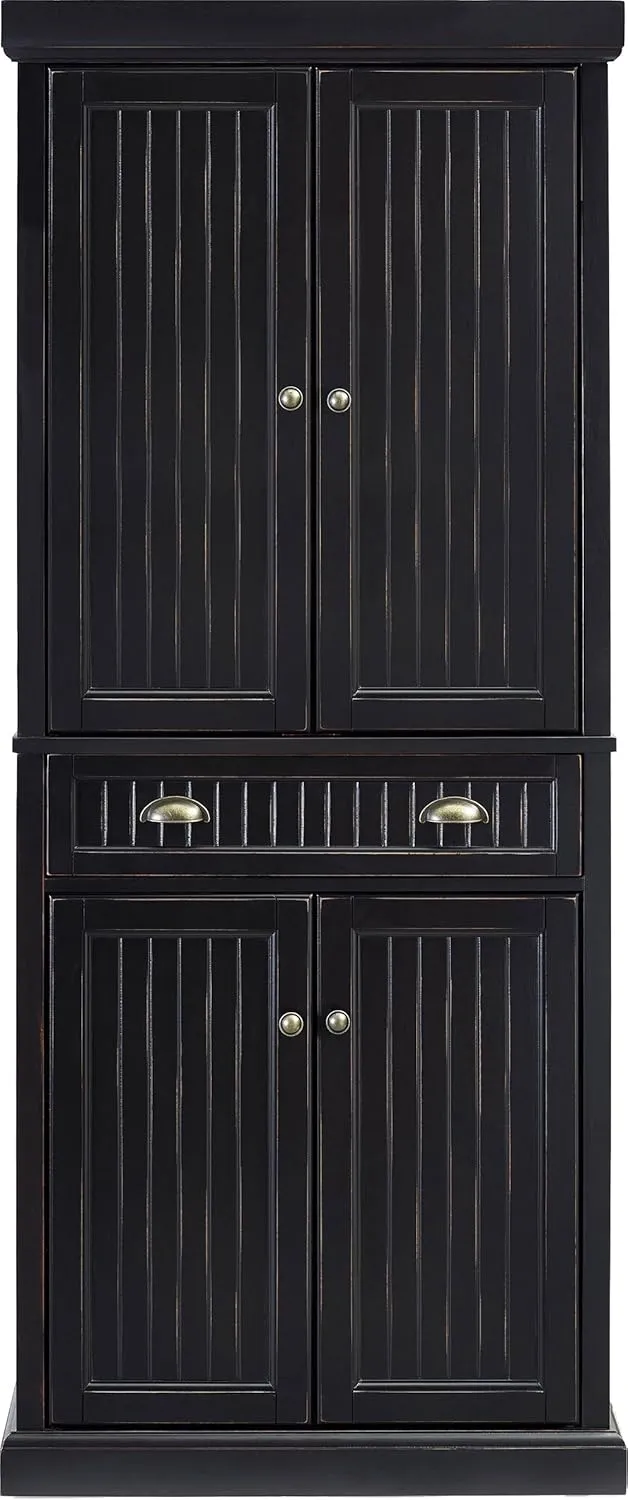 Crosley Furniture Seaside Coastal Pantry Storage Cabinet with Shelves, Kitchen, Dining, or Laundry Room, Distressed Black