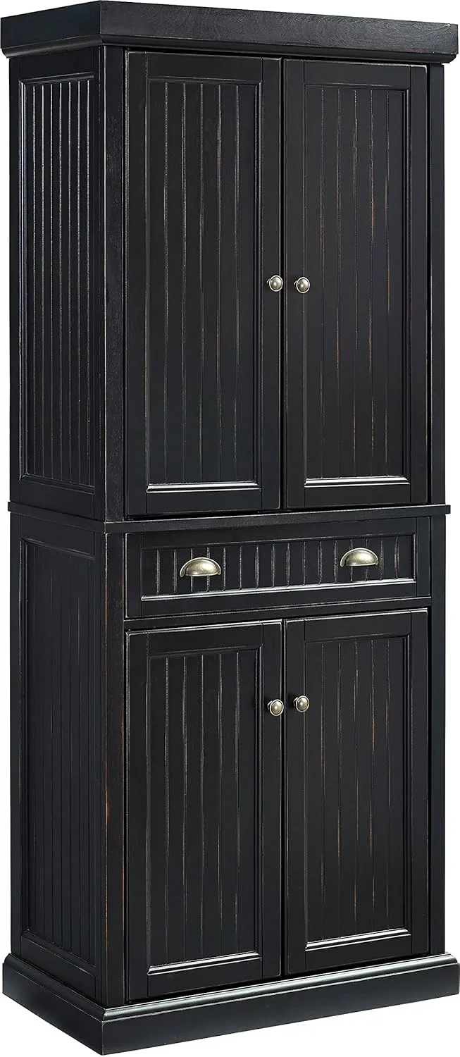 Crosley Furniture Seaside Coastal Pantry Storage Cabinet with Shelves, Kitchen, Dining, or Laundry Room, Distressed Black