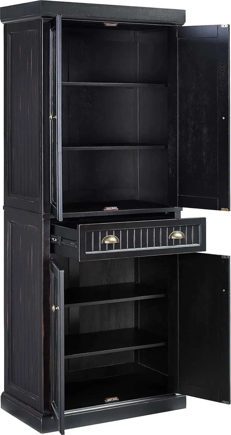 Crosley Furniture Seaside Coastal Pantry Storage Cabinet with Shelves, Kitchen, Dining, or Laundry Room, Distressed Black