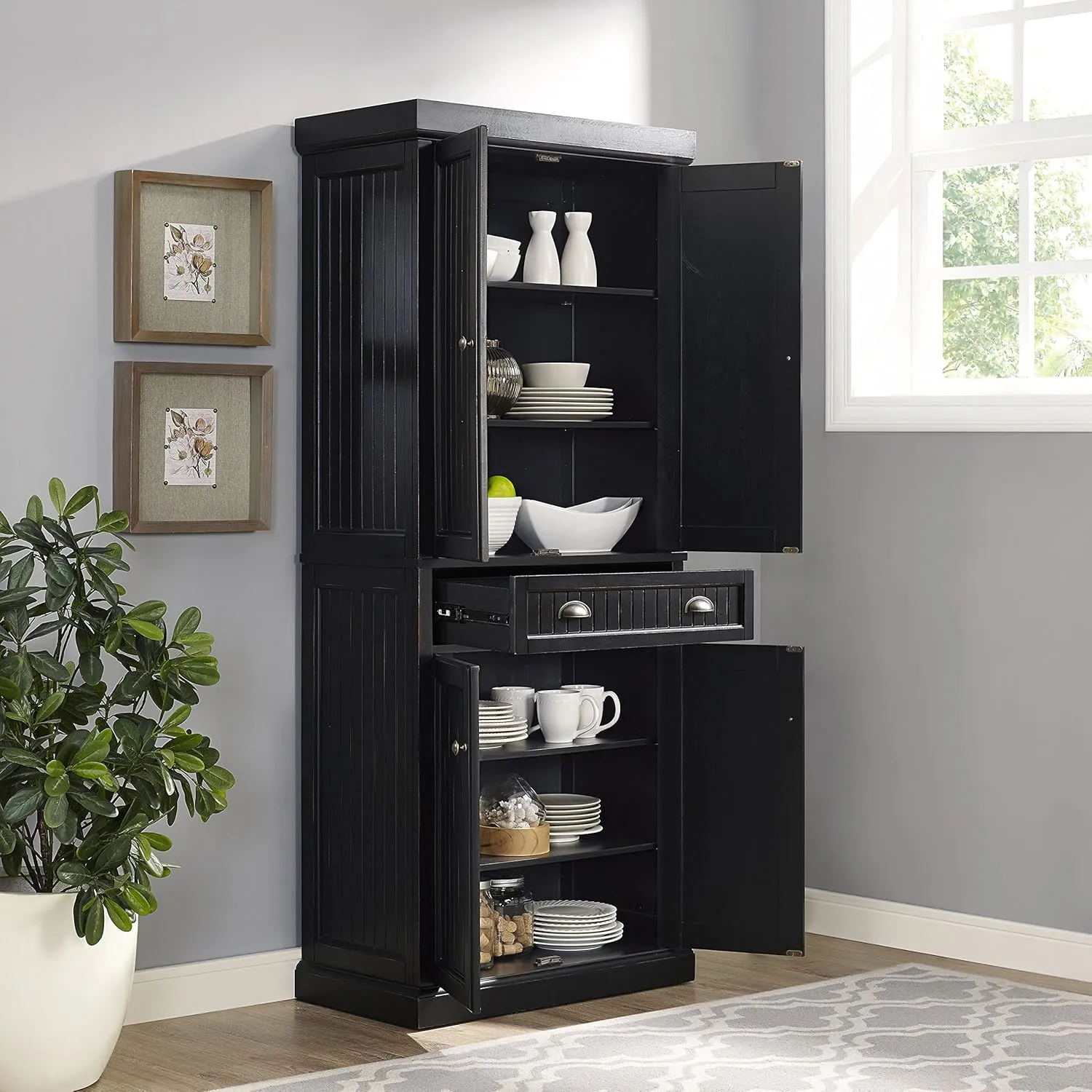 Crosley Furniture Seaside Coastal Pantry Storage Cabinet with Shelves, Kitchen, Dining, or Laundry Room, Distressed Black