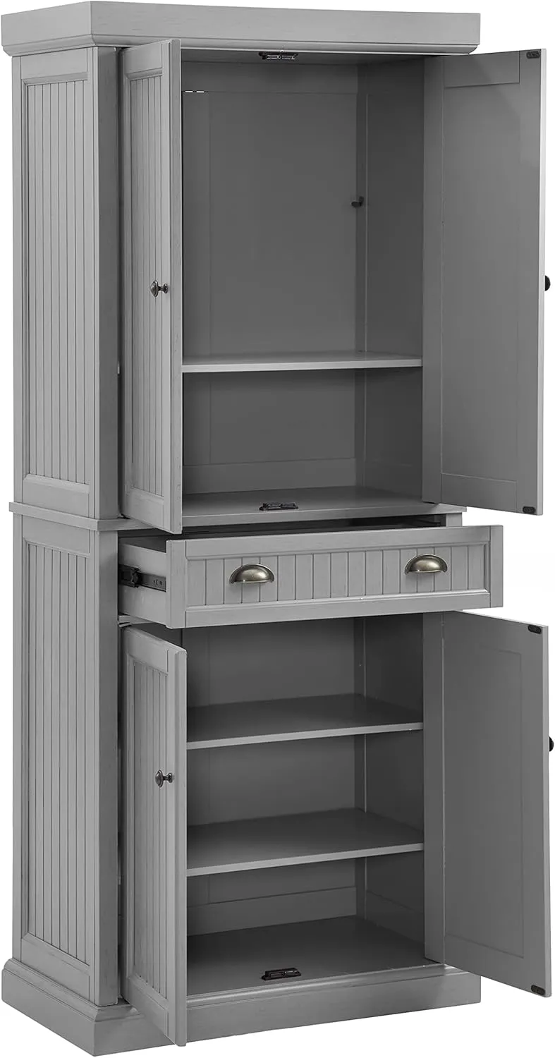 Crosley Furniture Seaside Coastal Pantry Storage Cabinet with Shelves, Kitchen, Dining, or Laundry Room, Distressed Gray