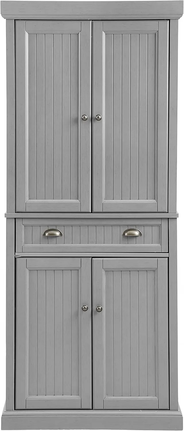 Crosley Furniture Seaside Coastal Pantry Storage Cabinet with Shelves, Kitchen, Dining, or Laundry Room, Distressed Gray