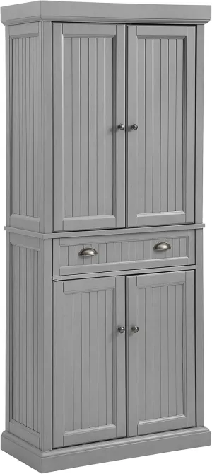 Crosley Furniture Seaside Coastal Pantry Storage Cabinet with Shelves, Kitchen, Dining, or Laundry Room, Distressed Gray