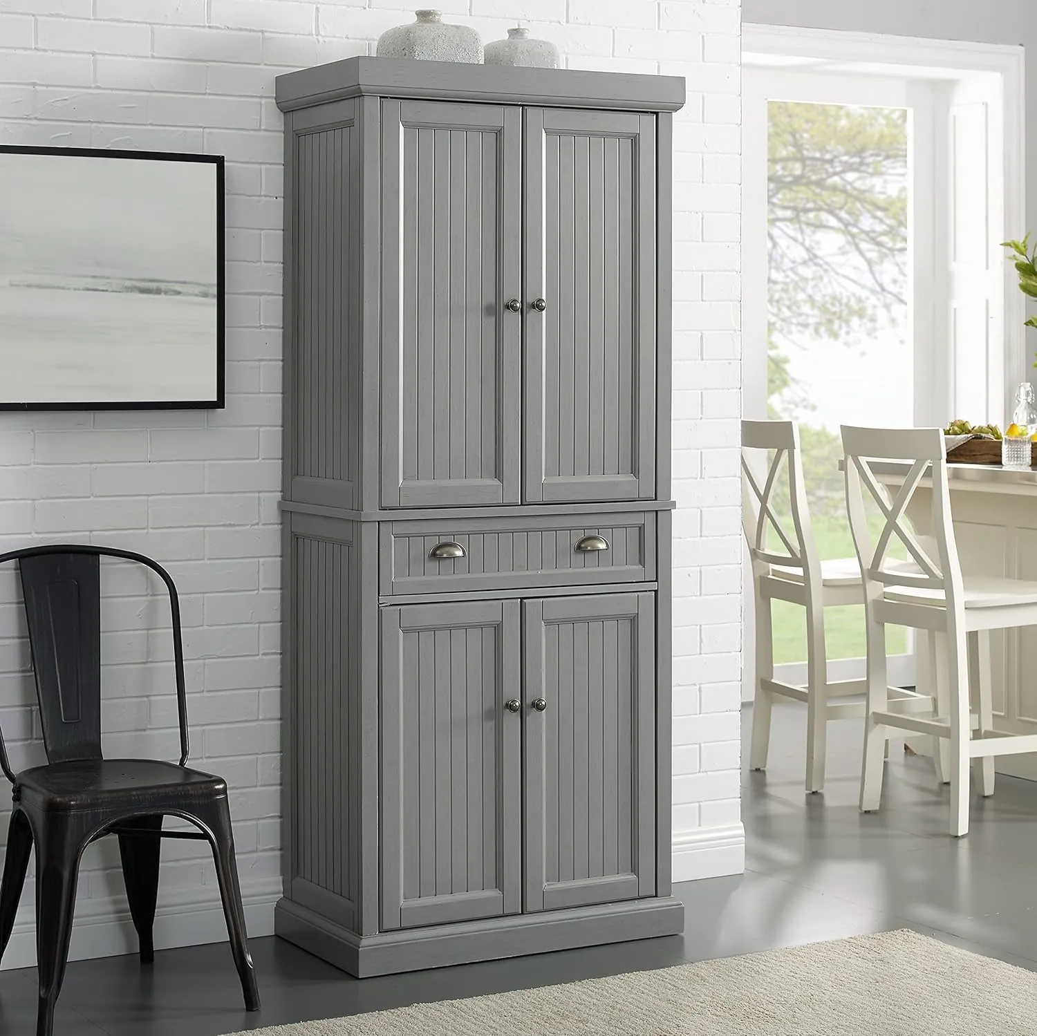 Crosley Furniture Seaside Coastal Pantry Storage Cabinet with Shelves, Kitchen, Dining, or Laundry Room, Distressed Gray