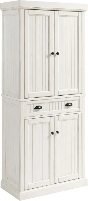 Crosley Furniture Seaside Coastal Pantry Storage Cabinet with Shelves, Kitchen, Dining, or Laundry Room, Distressed White