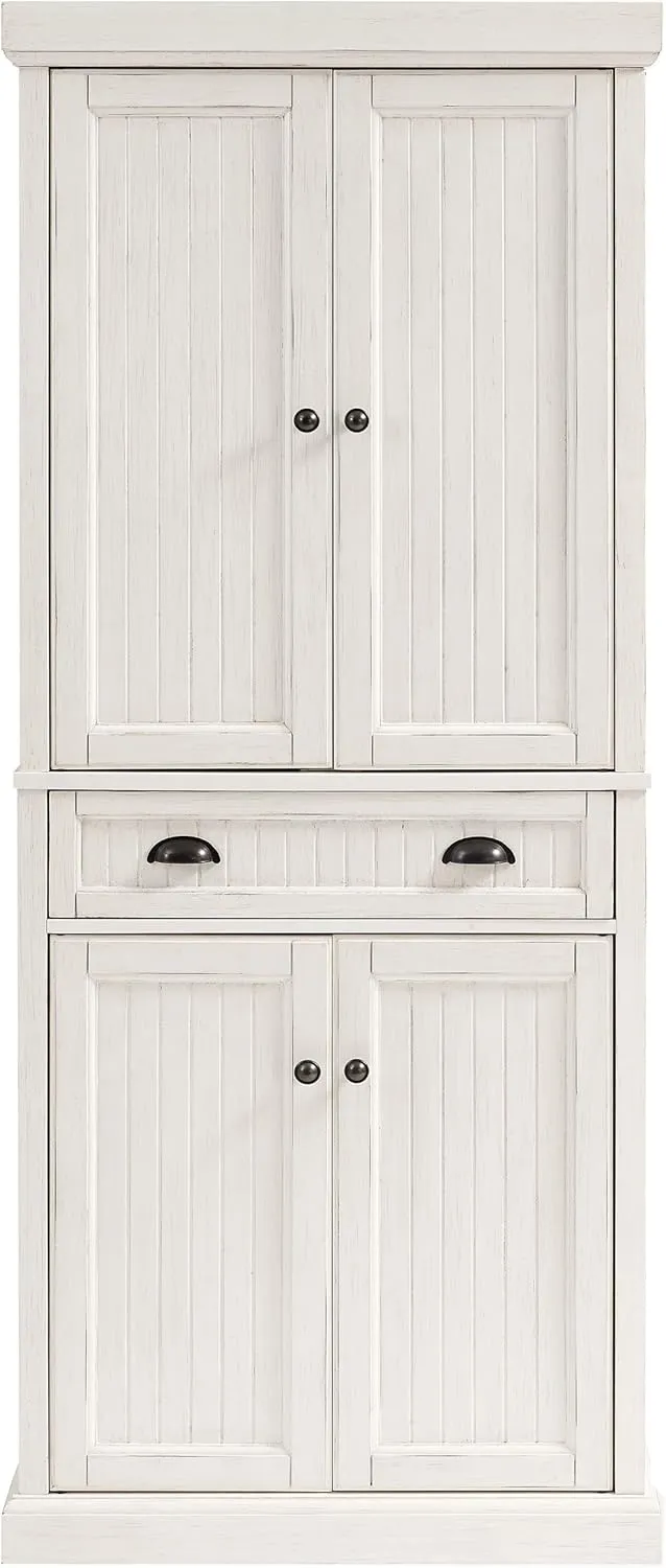 Crosley Furniture Seaside Coastal Pantry Storage Cabinet with Shelves, Kitchen, Dining, or Laundry Room, Distressed White
