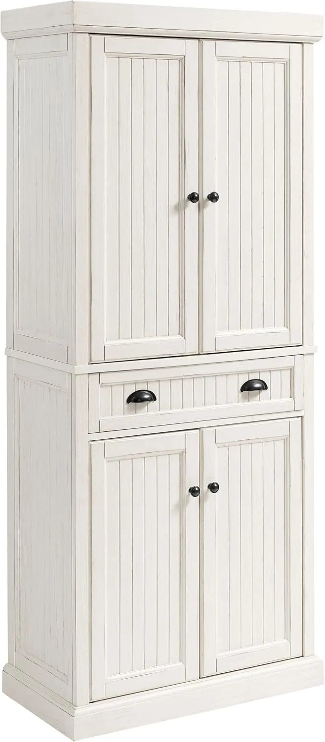 Crosley Furniture Seaside Coastal Pantry Storage Cabinet with Shelves, Kitchen, Dining, or Laundry Room, Distressed White