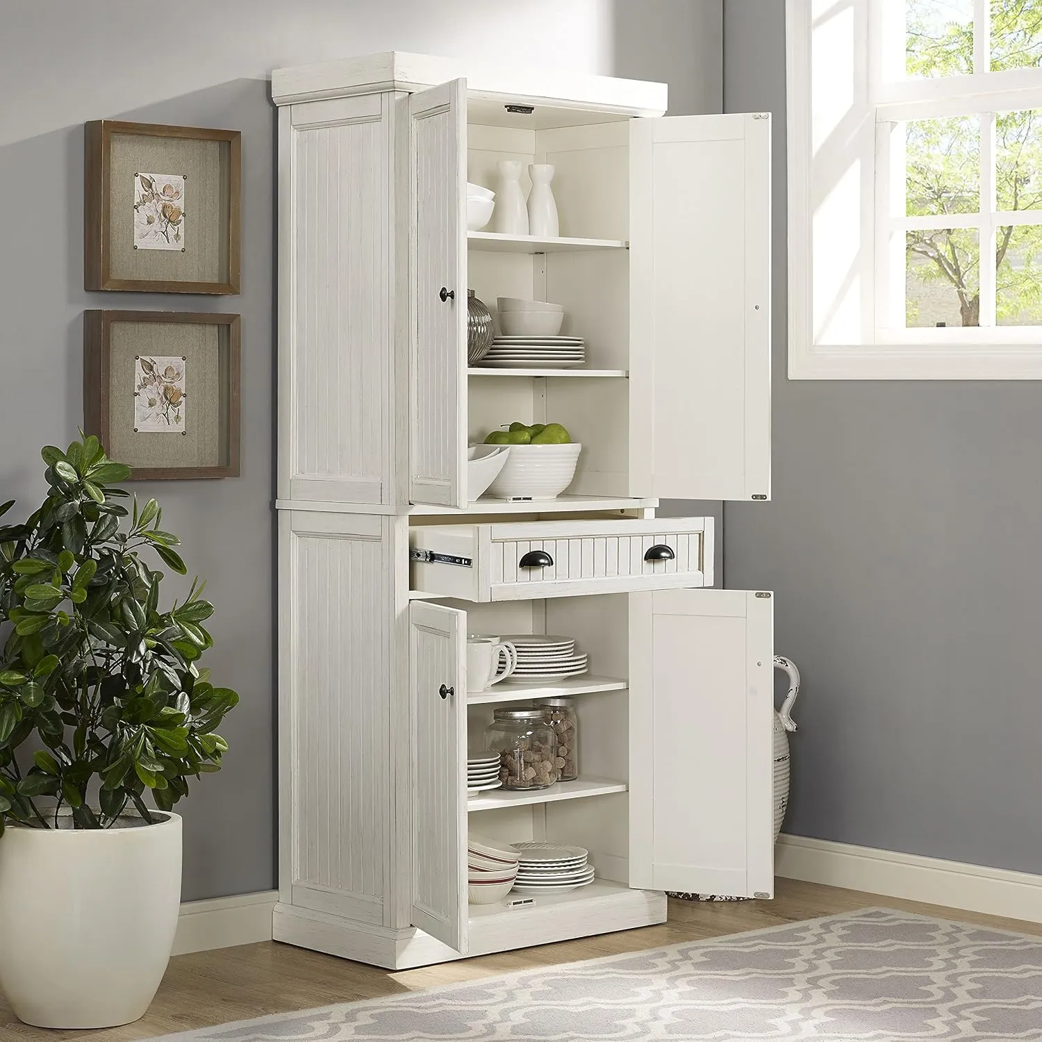Crosley Furniture Seaside Coastal Pantry Storage Cabinet with Shelves, Kitchen, Dining, or Laundry Room, Distressed White
