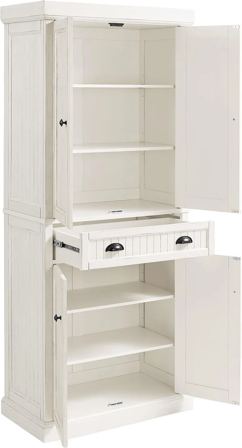 Crosley Furniture Seaside Coastal Pantry Storage Cabinet with Shelves, Kitchen, Dining, or Laundry Room, Distressed White