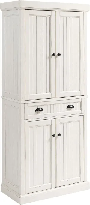 Crosley Furniture Seaside Coastal Pantry Storage Cabinet with Shelves, Kitchen, Dining, or Laundry Room, Distressed White
