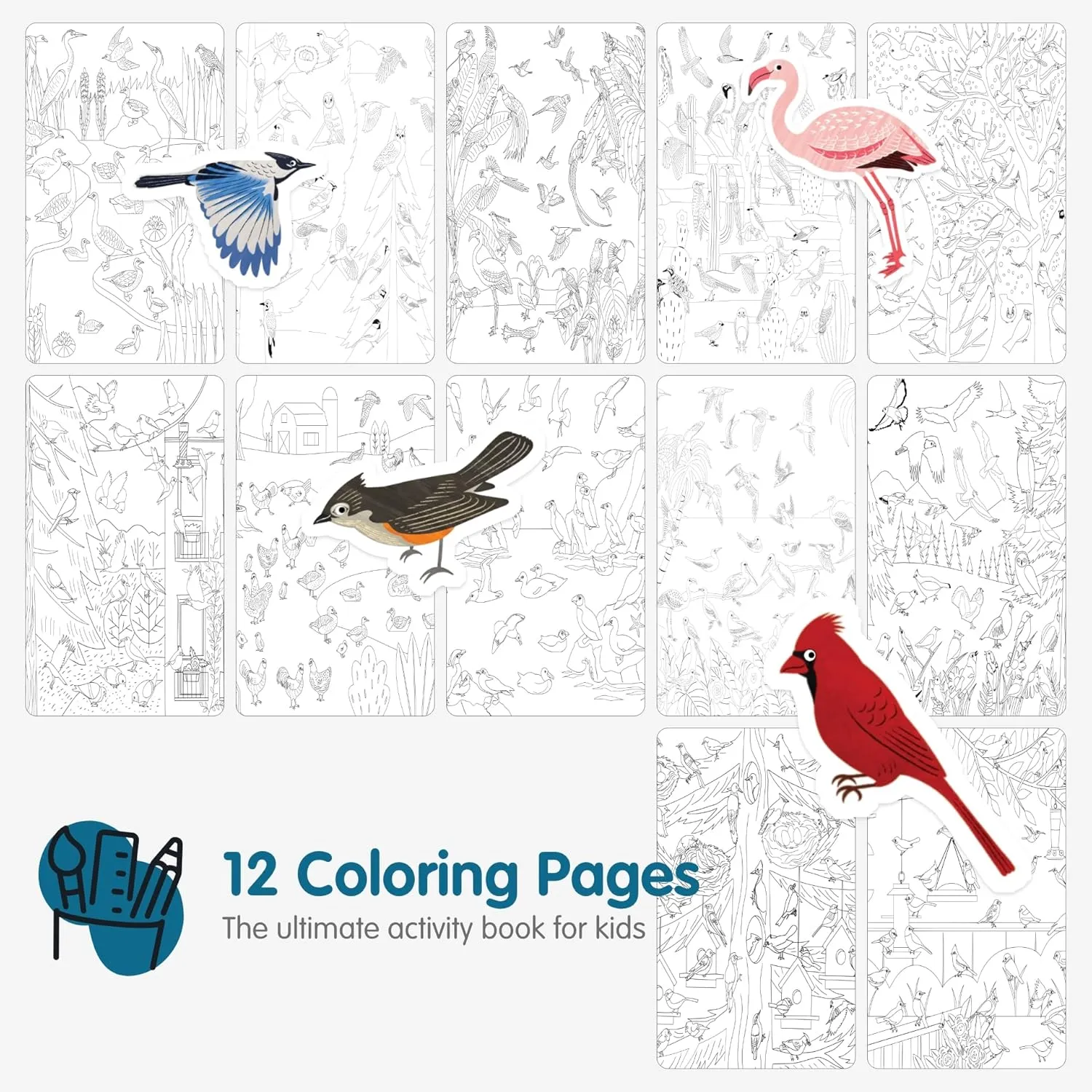 Cupkin Bird Sticker Book Activity for Kids, Toddler Airplane Travel Essentials, 500  Parrot Stickers   12 Scenes   12 Coloring Book Pages, Bird Lover Kids Gift, Kid Crafts for Ages 2-8