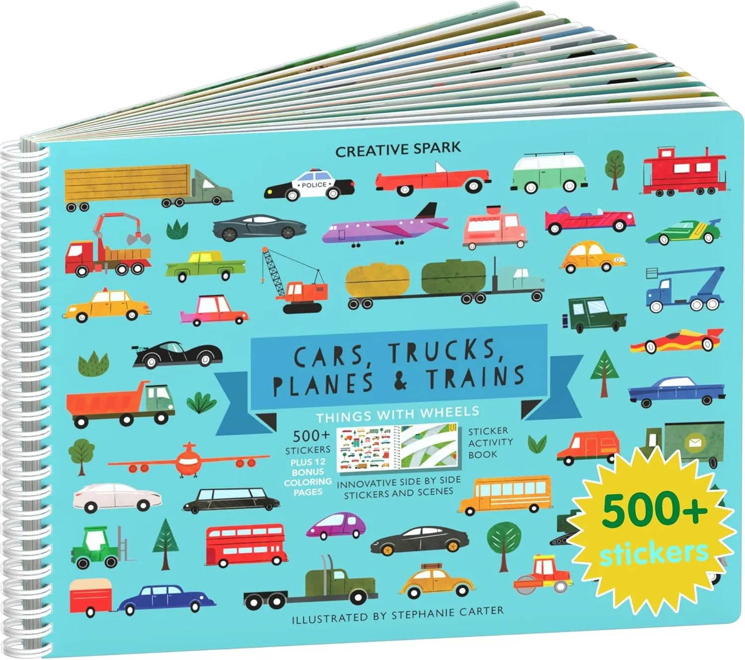 CUPKIN Sticker Book for Kids 2-4, 500  Kids Stickers, Cars, Trucks, Planes & Trains 12 Coloring Pages 12 Side by Side Scenes, Fun Toddler Travel Activity Coloring and Sticker Books for Ages 4-8   8-10