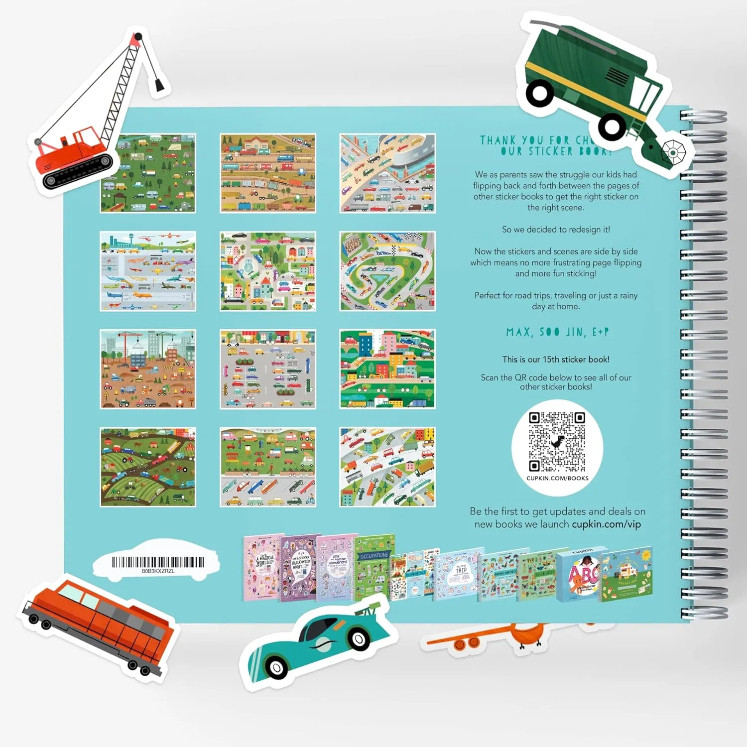 CUPKIN Sticker Book for Kids 2-4, 500  Kids Stickers, Cars, Trucks, Planes & Trains 12 Coloring Pages 12 Side by Side Scenes, Fun Toddler Travel Activity Coloring and Sticker Books for Ages 4-8   8-10