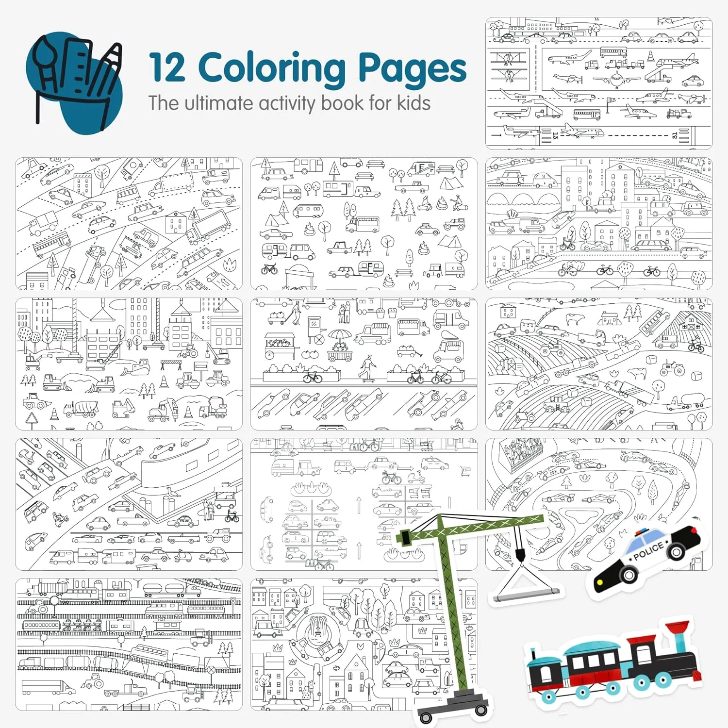 CUPKIN Sticker Book for Kids 2-4, 500  Kids Stickers, Cars, Trucks, Planes & Trains 12 Coloring Pages 12 Side by Side Scenes, Fun Toddler Travel Activity Coloring and Sticker Books for Ages 4-8   8-10