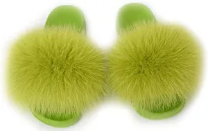 DAYISS Women Fox Fur Slippers Summer Colorful Feather Open Toe Slip On Sandals