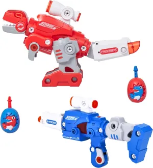 Dazmers Toddler Transformer Toys Set of 2 - Transforms from Dinosaur to Gun - Fun Interactive Toys for Outdoor Play - Ideal for Ages 36 Months to 10 Years (3" H x 10" L x 7" W, Blue & Red)