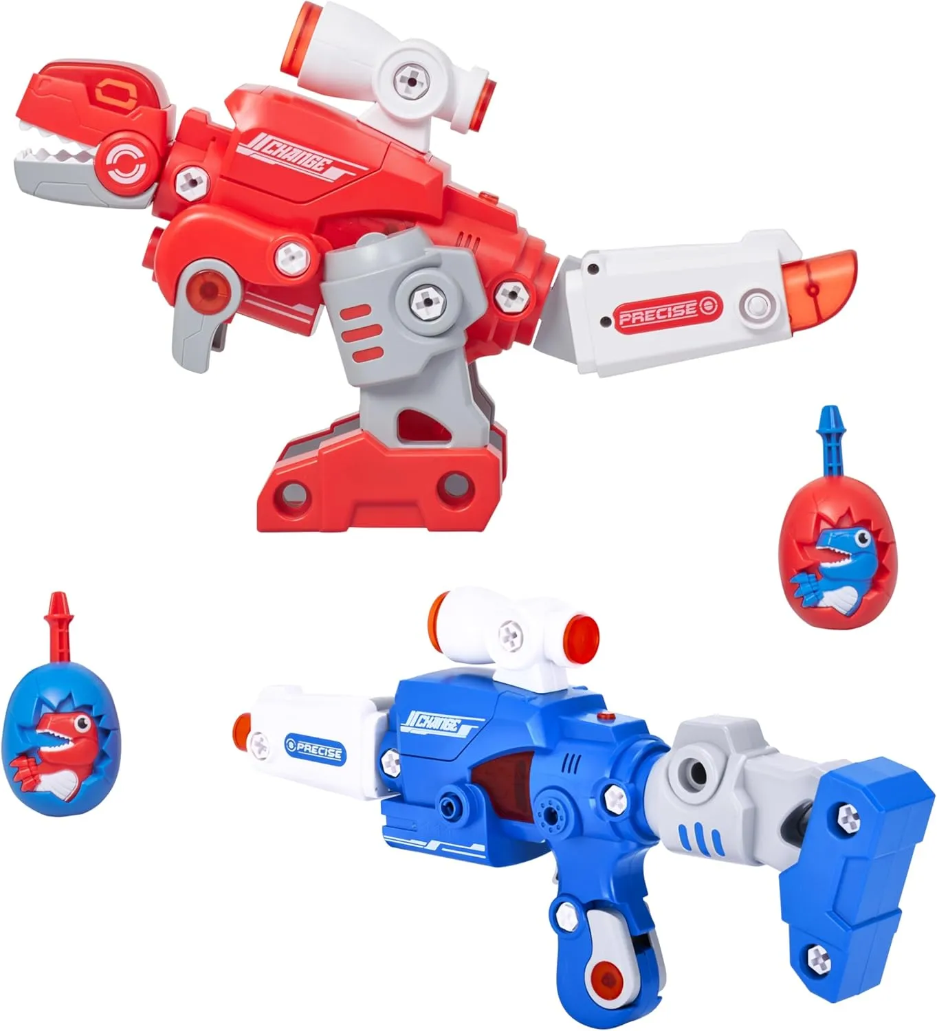 Dazmers Toddler Transformer Toys Set of 2 - Transforms from Dinosaur to Gun - Fun Interactive Toys for Outdoor Play - Ideal for Ages 36 Months to 10 Years (3" H x 10" L x 7" W, Blue & Red)
