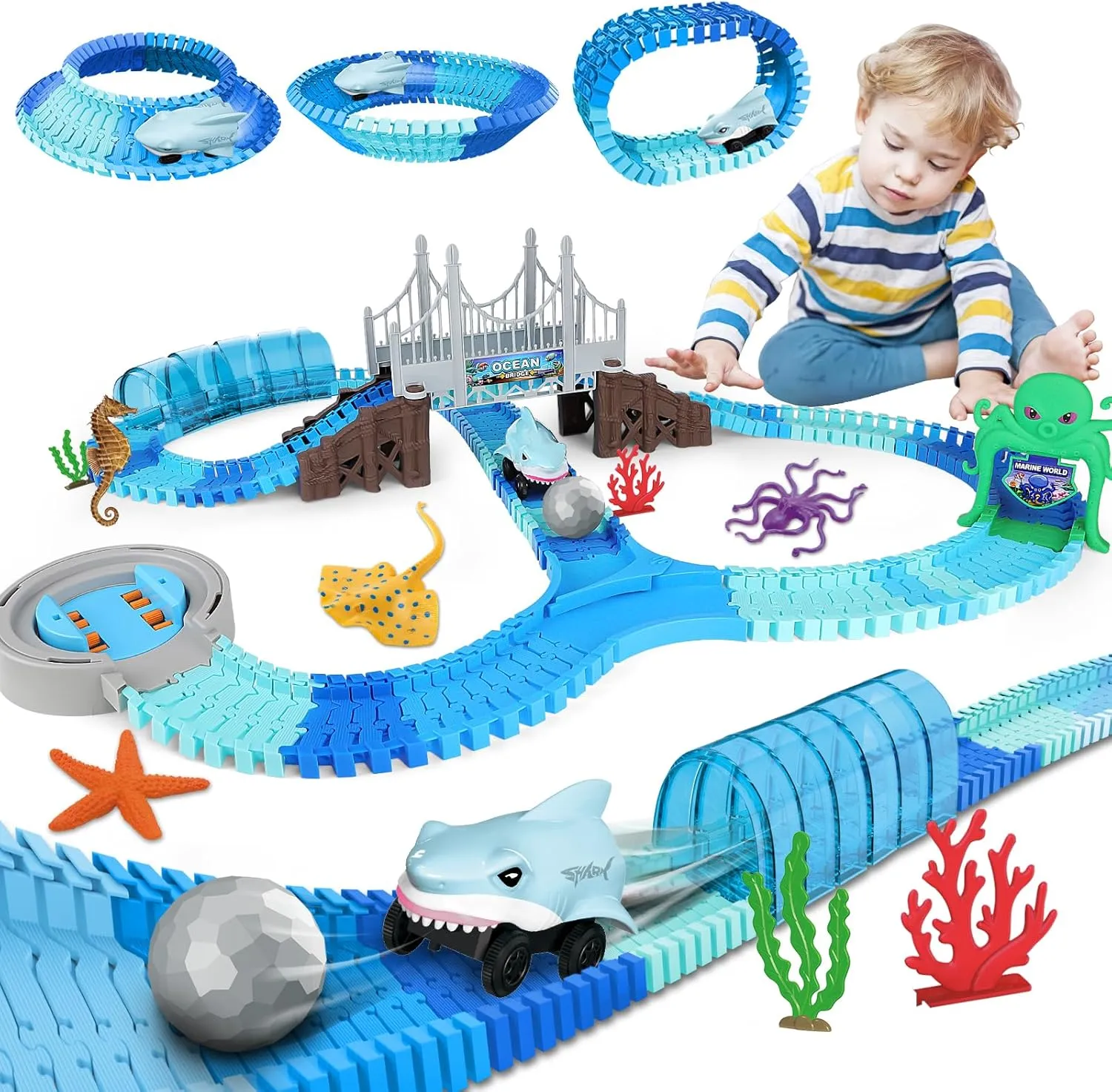 deAO Race Track Toys 183 Pcs Shark Race Car Toys for Kids,Flexible Racetrack Cars with Shark & Ball,Ocean Theme Train Set Toys,Kids STEM Educational Playset Birthdays for Boys Girls 3  Years Old