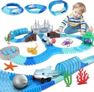 deAO Race Track Toys 183 Pcs Shark Race Car Toys for Kids,Flexible Racetrack Cars with Shark & Ball,Ocean Theme Train Set Toys,Kids STEM Educational Playset Birthdays for Boys Girls 3  Years Old