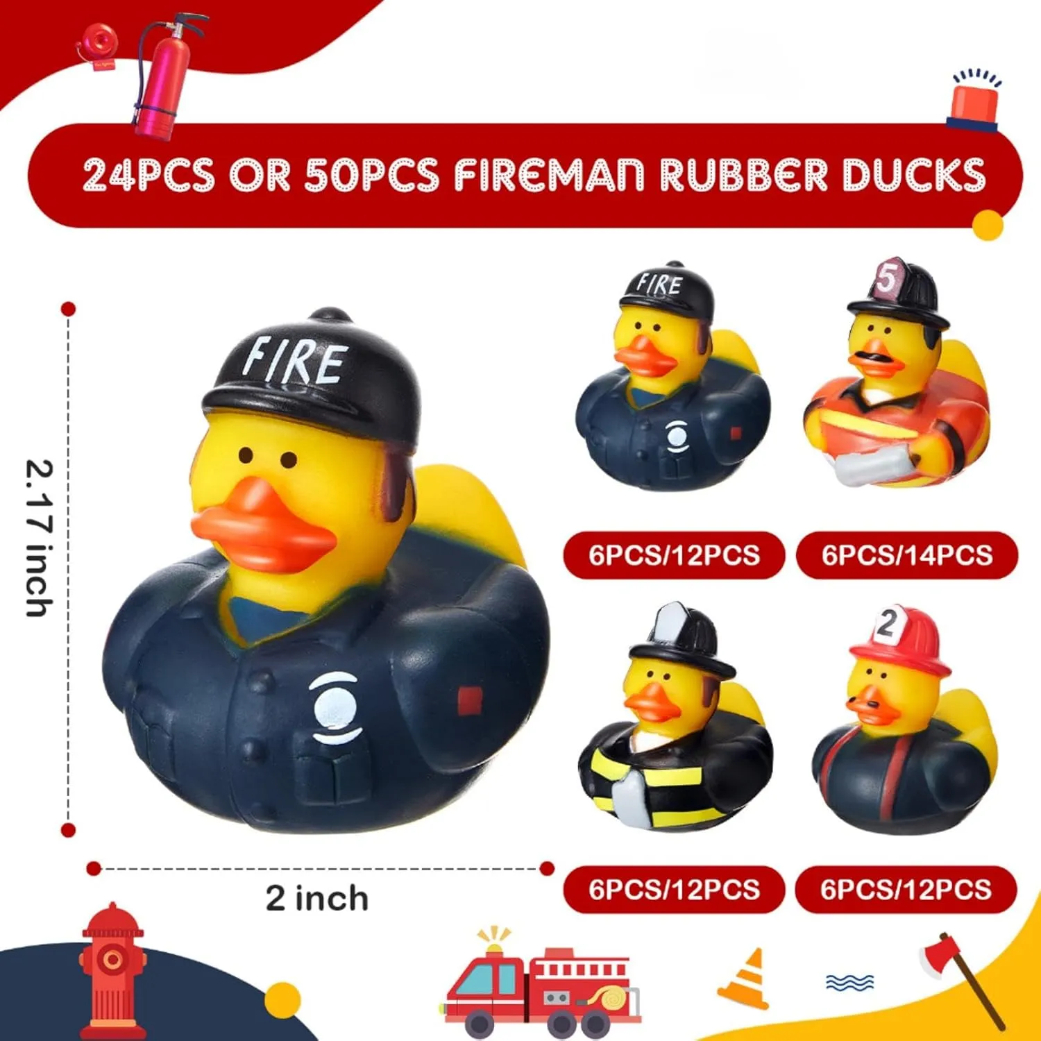 DEEKIN Fireman Rubber Duck 2 Inch Firefighter Hero Ducks Fighter Hero Bath Toy for Firefighter Theme Birthday Party Favors Beach Pool Summer Activities, 4 Styles(100 Pcs)