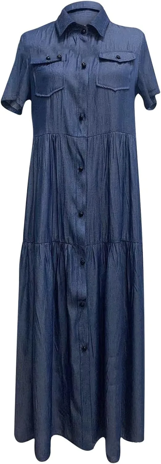 Denim Dress for Women Button Down Long Shirt Vacation Dresses Tiered Casual Summer Solid Color Trendy A-Line Dress
