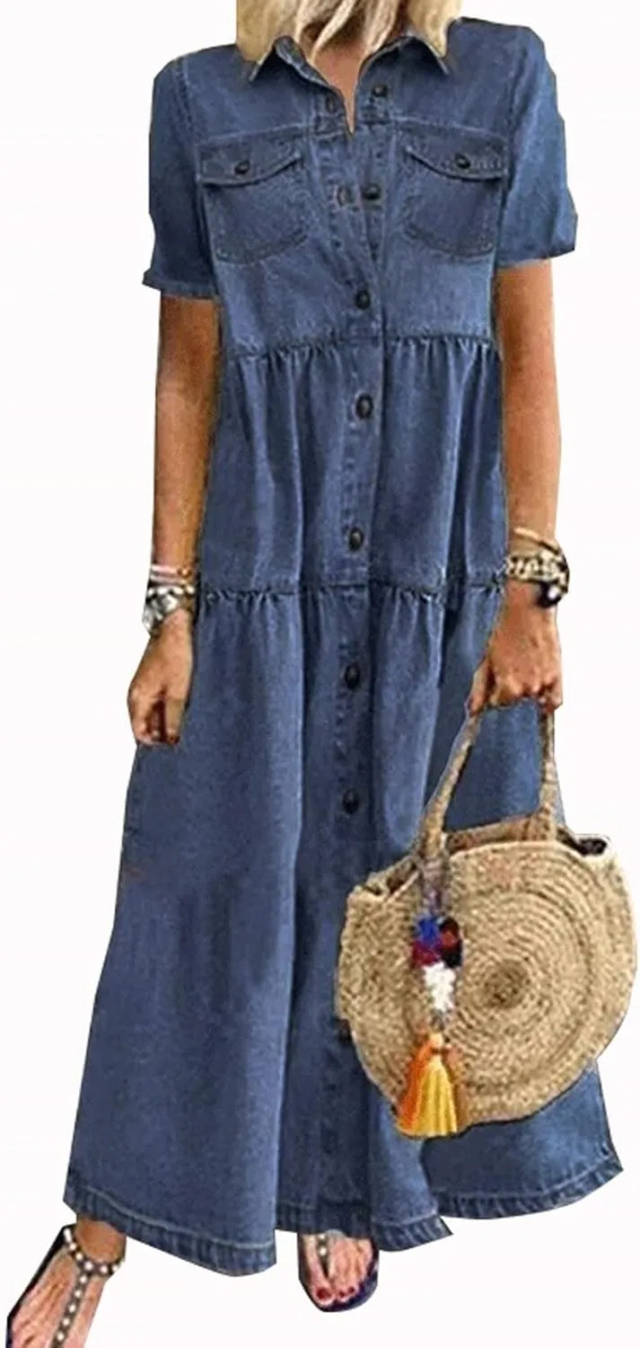 Denim Dress for Women Button Down Long Shirt Vacation Dresses Tiered Casual Summer Solid Color Trendy A-Line Dress